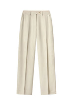 CO's Tailored Straight Leg Trouser is a beige, high-waisted men's pant made from soft viscose, featuring front pleats, side pockets, belt loops, button closure, and a relaxed fit.