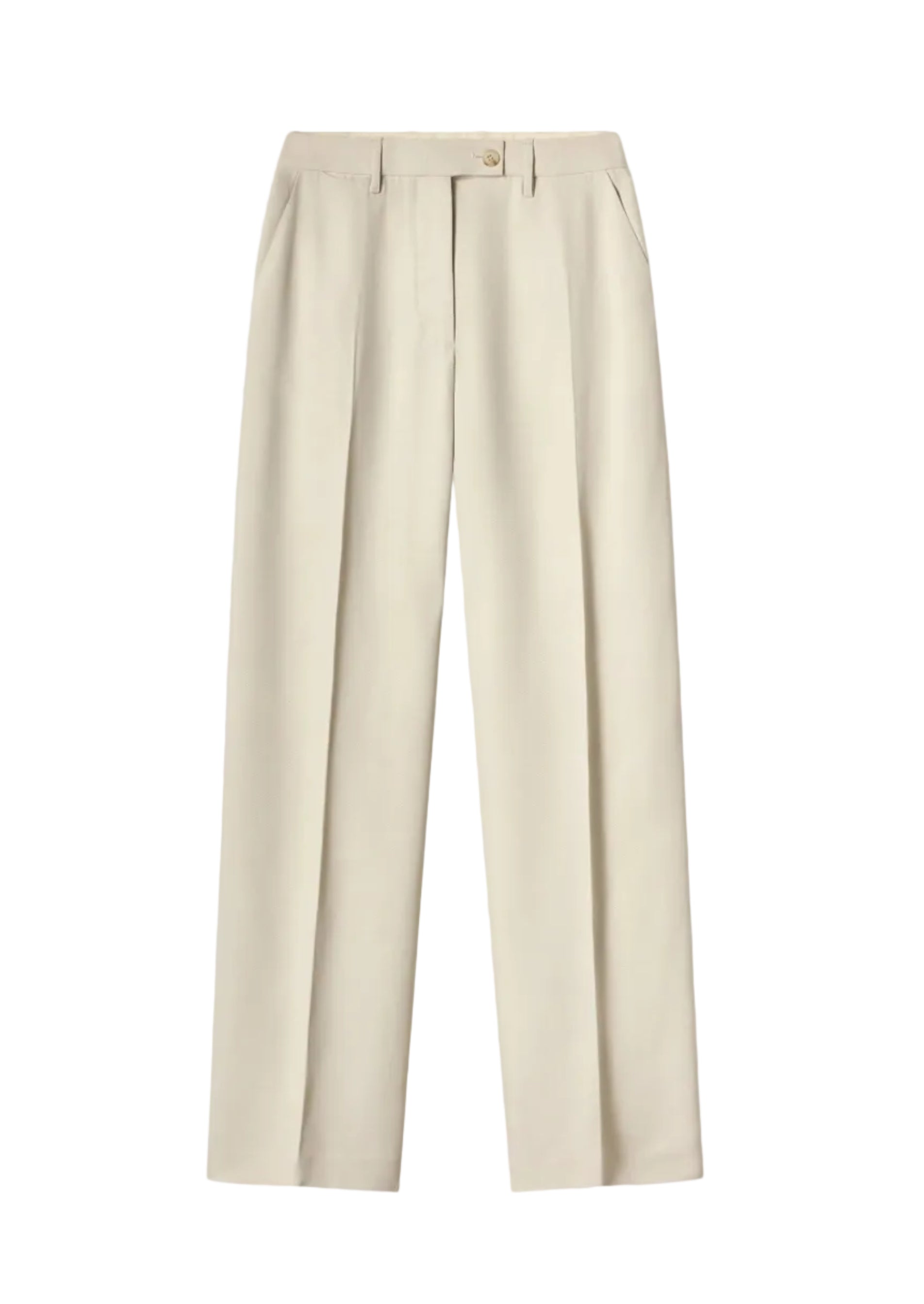 CO's Tailored Straight Leg Trouser is a beige, high-waisted men's pant made from soft viscose, featuring front pleats, side pockets, belt loops, button closure, and a relaxed fit.