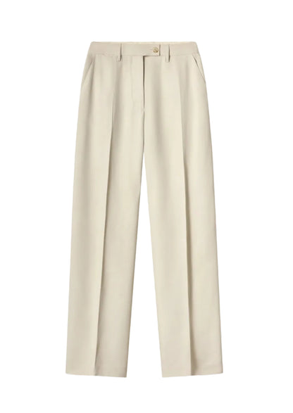 CO's Tailored Straight Leg Trouser is a beige, high-waisted men's pant made from soft viscose, featuring front pleats, side pockets, belt loops, button closure, and a relaxed fit.