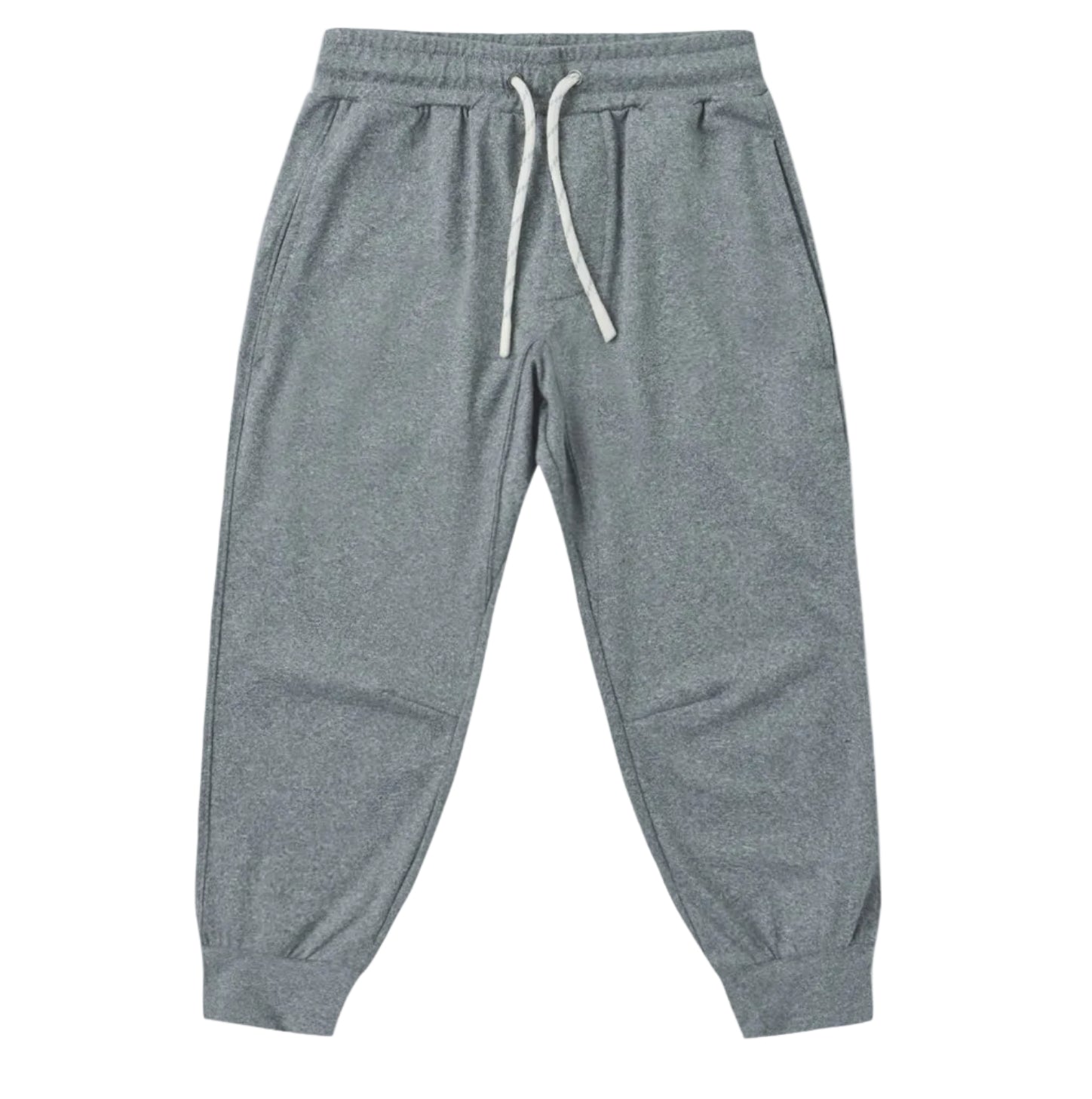 The Boys’ Century Tech Jogger by Rylee & Cru, featuring a gray relaxed fit, elastic waistband with white drawstring, side pockets, and cuffed ankles, is displayed laid flat on a white background.