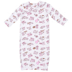 Dress your little one in the Angel Dear Baby Girls’ Kimono Gown, a long-sleeved white gown crafted from ultra-soft bamboo viscose and featuring whimsical pink and brown illustrations of ballet shoes, crowns, flowers, and other playful accessories. Complete the charming outfit with the matching ruffle knotted hat for an irresistibly cute look.