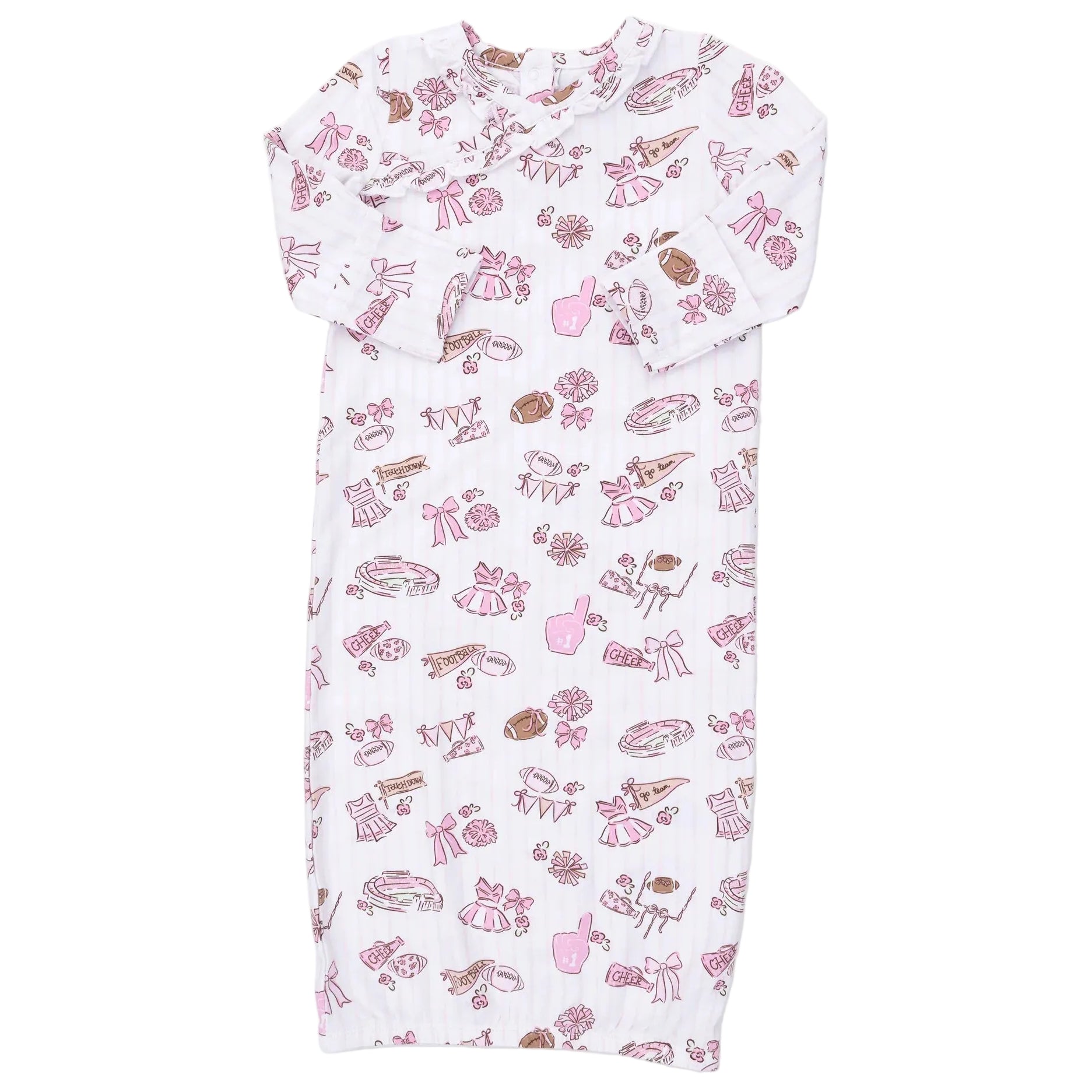Dress your little one in the Angel Dear Baby Girls’ Kimono Gown, designed with long sleeves and crafted from soft bamboo viscose. This infant gown features an all-over print of pink and brown cheerleading-themed items—including megaphones, pom-poms, bows, and footballs. For a sweet coordinated look, pair it with the matching Ruffle Knotted Hat.