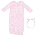 Angel Dear Baby Girls’ Kimono Gown Set in pink, featuring a long-sleeve bamboo gown with a subtle floral pattern and a coordinating knot headband, displayed on a white background.