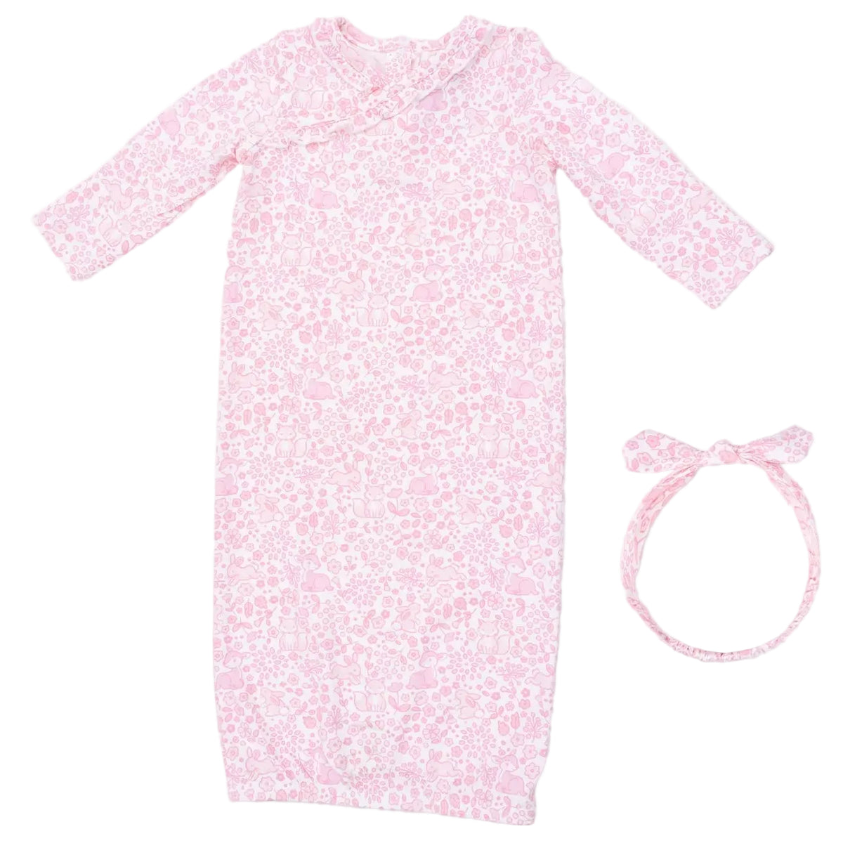 Angel Dear Baby Girls’ Kimono Gown Set in pink, featuring a long-sleeve bamboo gown with a subtle floral pattern and a coordinating knot headband, displayed on a white background.