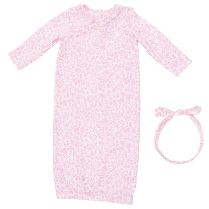 Angel Dear Baby Girls’ Kimono Gown Set in pink, featuring a long-sleeve bamboo gown with a subtle floral pattern and a coordinating knot headband, displayed on a white background.