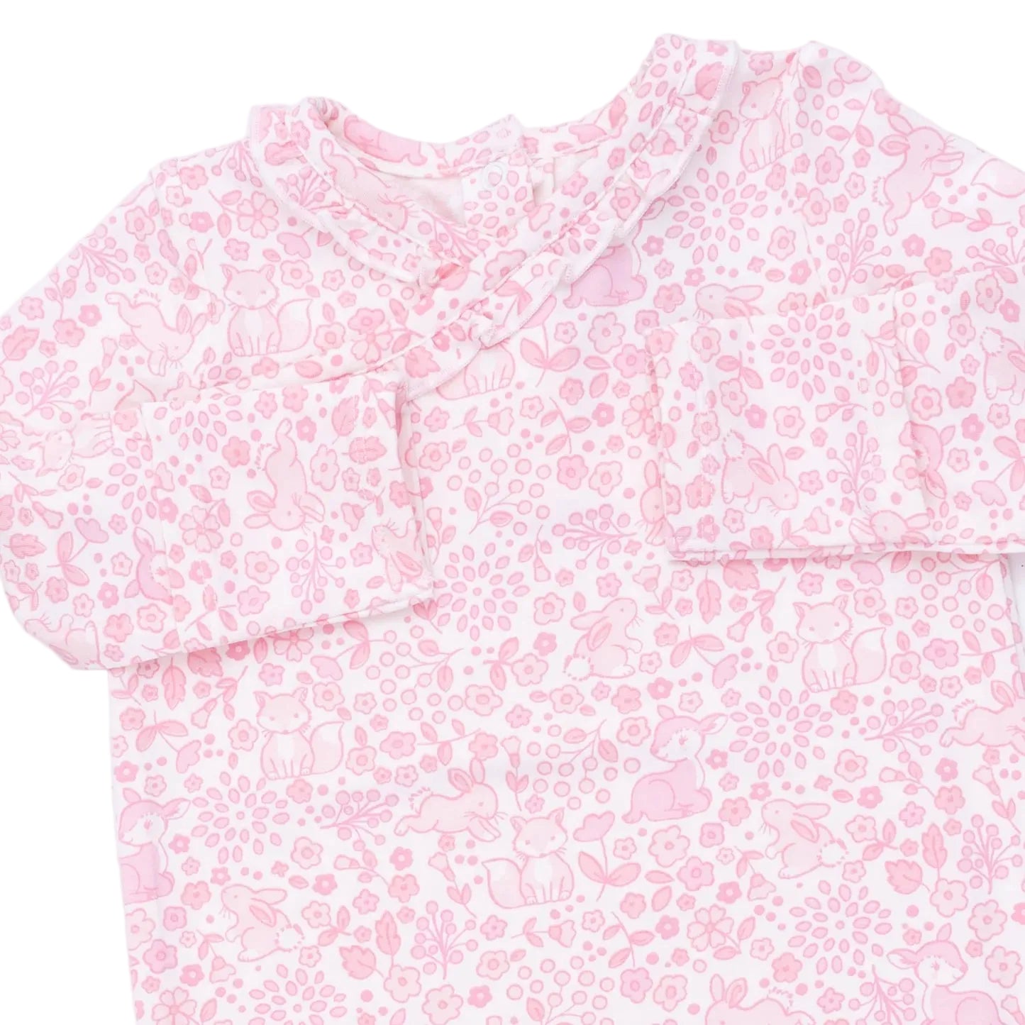 Angel Dear’s Baby Girls’ Kimono Gown Set includes a long-sleeve baby shirt with a pink animal and floral print on a white background, featuring an envelope neckline—perfect for pairing with the cozy bamboo gown or the adorable knot headband in the set.