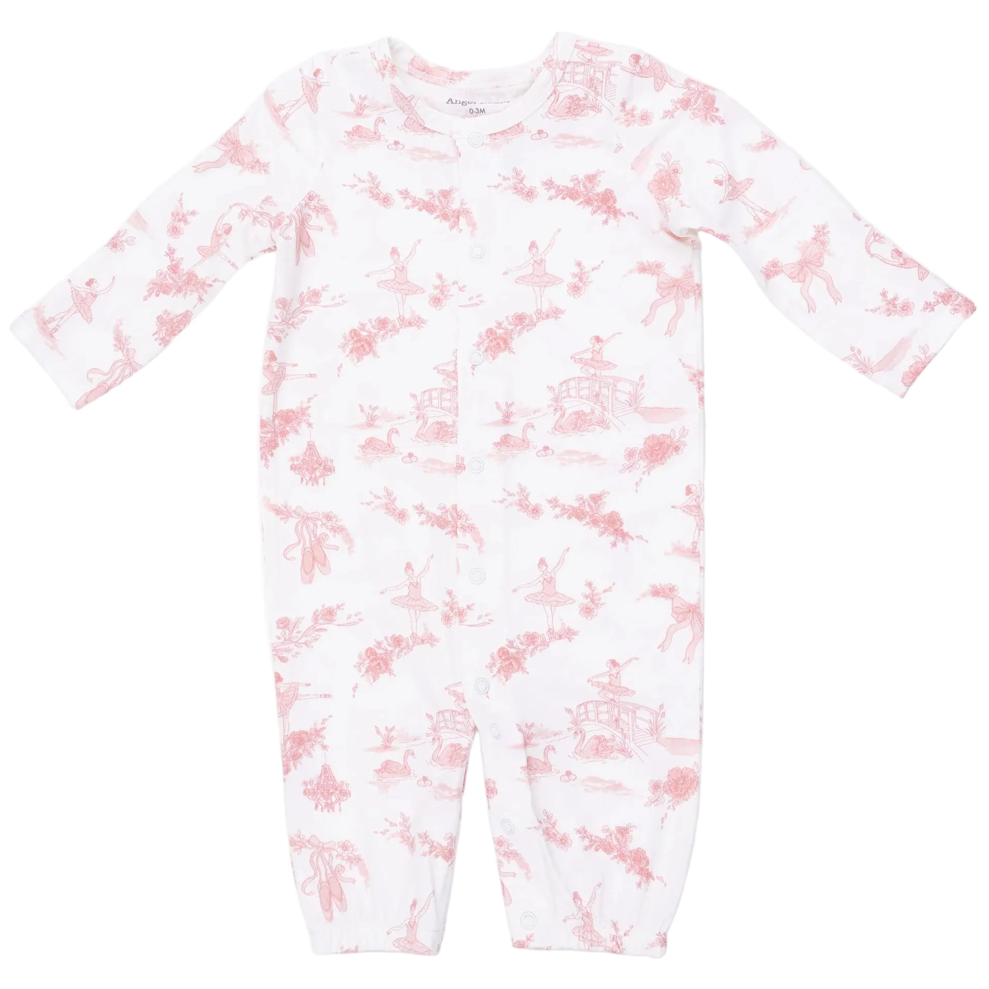 Dress your little one in the Angel Dear Baby Girls’ Convertible Gown—a white infant onesie with long sleeves and a pink pastoral print showcasing outdoor scenes with people and trees. This charming piece is perfect for any newborn wardrobe and easily converts into a cozy gown for added convenience.