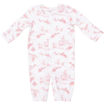 Dress your little one in the Angel Dear Baby Girls’ Convertible Gown—a white infant onesie with long sleeves and a pink pastoral print showcasing outdoor scenes with people and trees. This charming piece is perfect for any newborn wardrobe and easily converts into a cozy gown for added convenience.