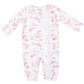 The Angel Dear Baby Girls’ Convertible Gown features a white long-sleeve design with a pink animal and nature print, complete with snap closures down the front and legs—a charming addition to any newborn wardrobe.