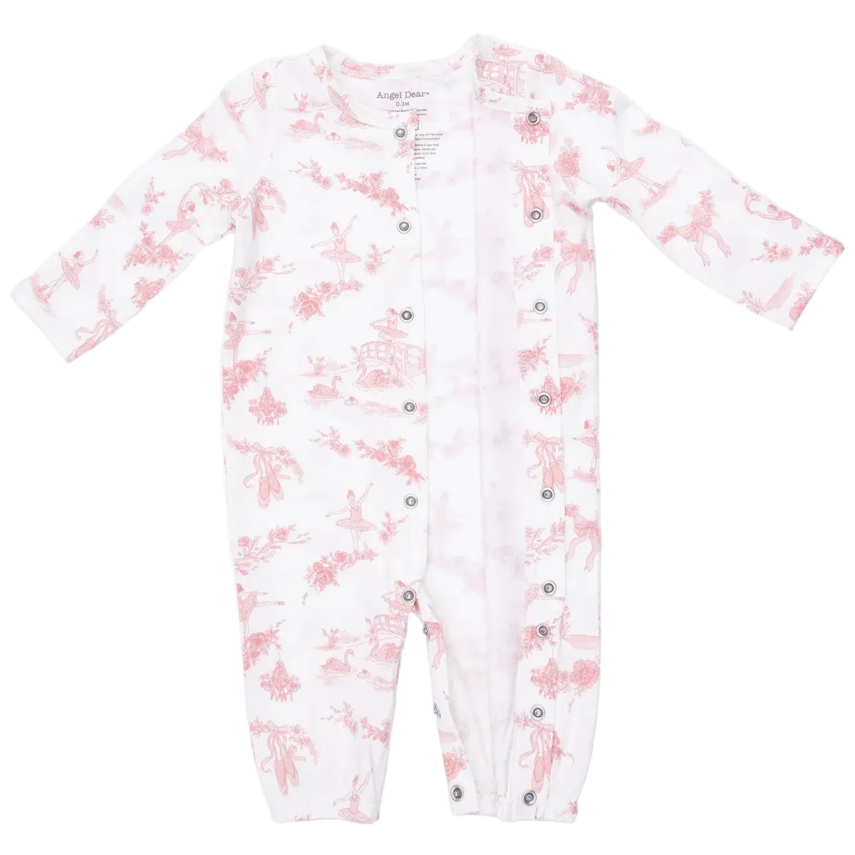 The Angel Dear Baby Girls’ Convertible Gown features a white long-sleeve design with a pink animal and nature print, complete with snap closures down the front and legs—a charming addition to any newborn wardrobe.