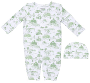Dress your little one in the Angel Dear Baby Boys’ Convertible Gown and Beanie Hat set, featuring a charming green pastoral landscape print with trees and animals on both pieces. Crafted from soft bamboo fabric, this long-sleeve gown and matching beanie provide comfort and breathability for your baby.