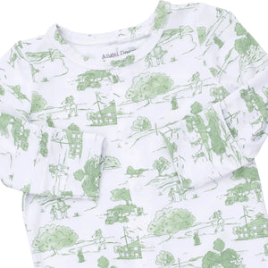 Angel Dear’s Baby Boys’ Convertible Gown and Beanie Hat features a white bamboo onesie adorned with green pastoral illustrations of trees, vehicles, and people, designed with long sleeves and snap buttons down the front.
