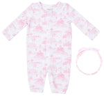 Baby Girls’ Convertible Gown and Beanie Hat by Angel Dear, featuring a pink pastoral print in soft bamboo fabric, displayed on a white background.