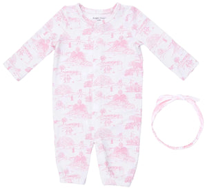 Baby Girls’ Convertible Gown and Beanie Hat by Angel Dear, featuring a pink pastoral print in soft bamboo fabric, displayed on a white background.