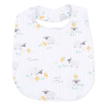 The Angel Dear Feeding Bib is a white, absorbent bib featuring sheep and chick prints with "just hatched" and "hello little chick" texts—ideal for keeping your baby clean during mealtime.