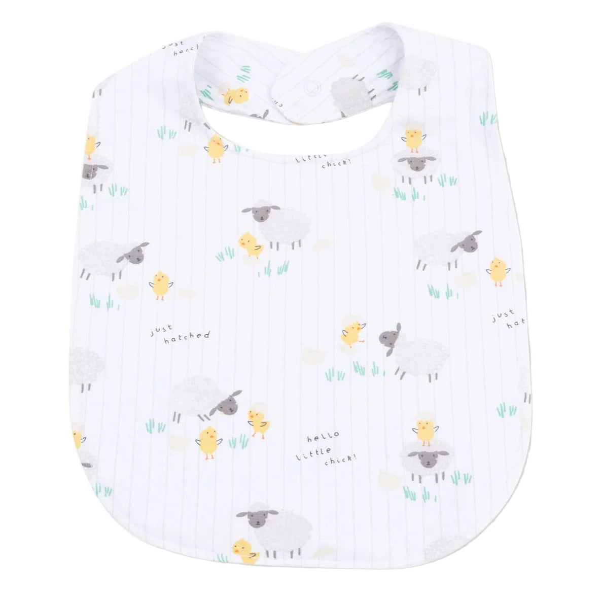 The Angel Dear Feeding Bib is a white, absorbent bib featuring sheep and chick prints with "just hatched" and "hello little chick" texts—ideal for keeping your baby clean during mealtime.