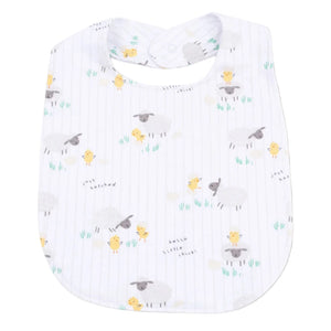 The Angel Dear Feeding Bib is a white, absorbent bib featuring sheep and chick prints with "just hatched" and "hello little chick" texts—ideal for keeping your baby clean during mealtime.