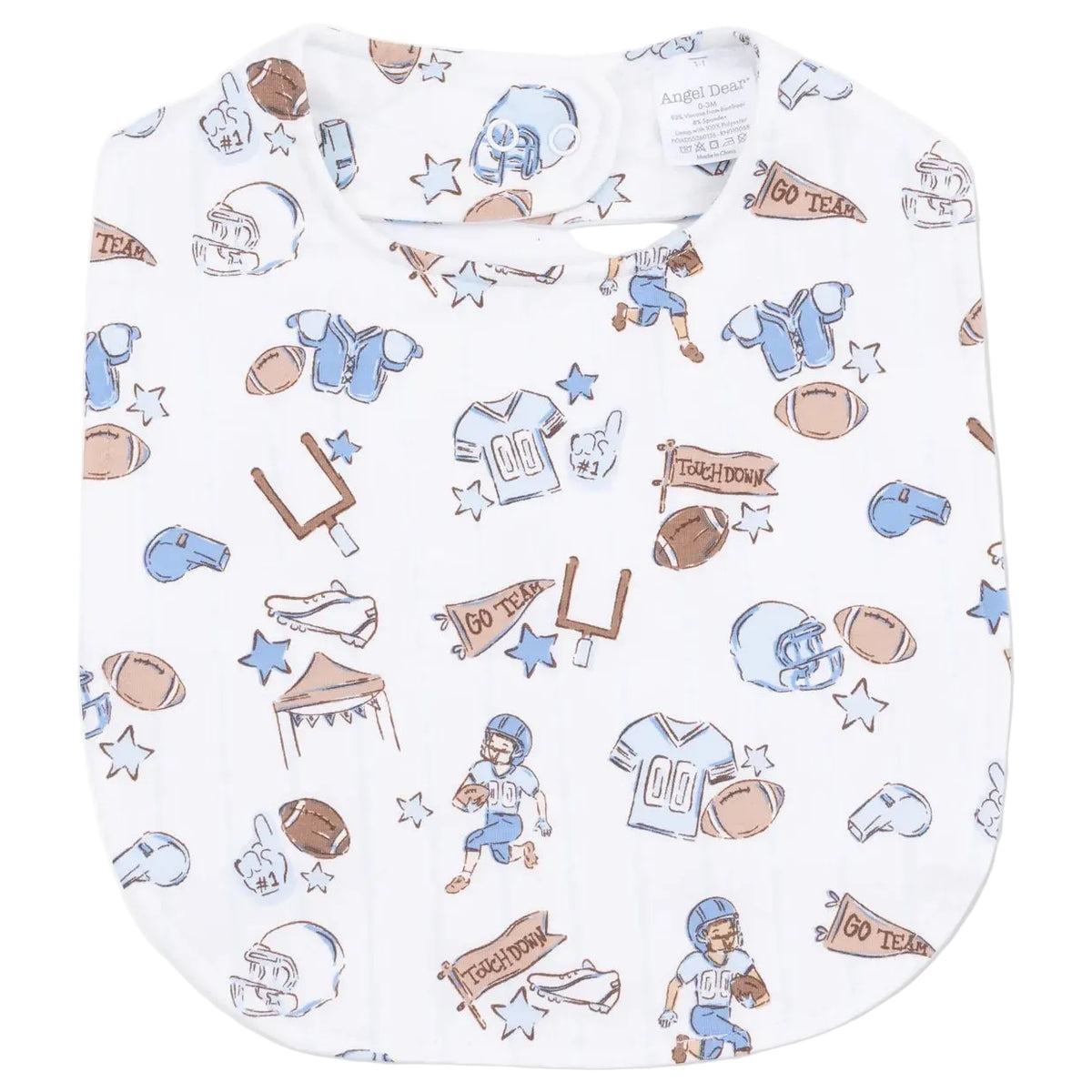 Keep your little one clean at mealtime with the Angel Dear Feeding Bib, featuring a playful football-themed pattern with helmets, jerseys, footballs, goalposts, shoes, and signs in blue and brown. Made from soft bamboo fabric for gentle comfort on baby’s skin.