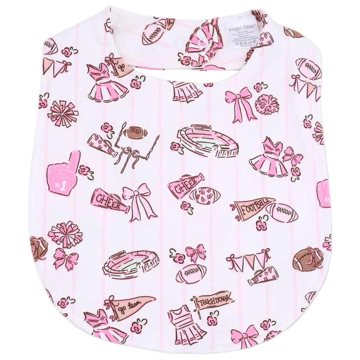 Angel Dear Feeding Bib in pink and white, featuring sports-themed illustrations such as pom-poms, helmets, footballs, bows, and megaphones.