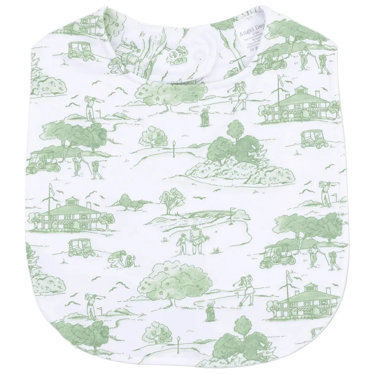 Angel Dear Feeding Bib in white, featuring delightful green pastoral scenes with houses, trees, and people engaged in outdoor activities—all illustrated in a charming sketch-style pattern. This bamboo bib offers both style and practicality for every meal.