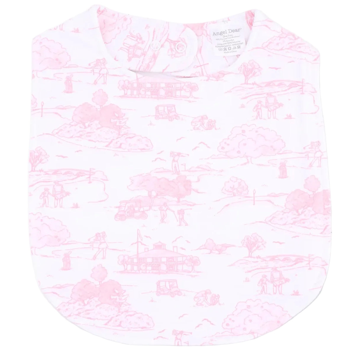 Angel Dear Feeding Bib in light pink and white, featuring pastoral scene illustrations, designed with a round neck and a cloth label sewn at the collar.
