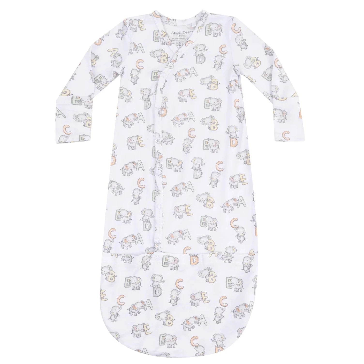 The Angel Dear Baby Vintage Elephant ABC Bundle Gown (0-3M) is a soft, long-sleeve white sleep sack made from bamboo viscose, featuring cute elephant and alphabet prints, a convenient front zipper, and a cozy closed bottom.
