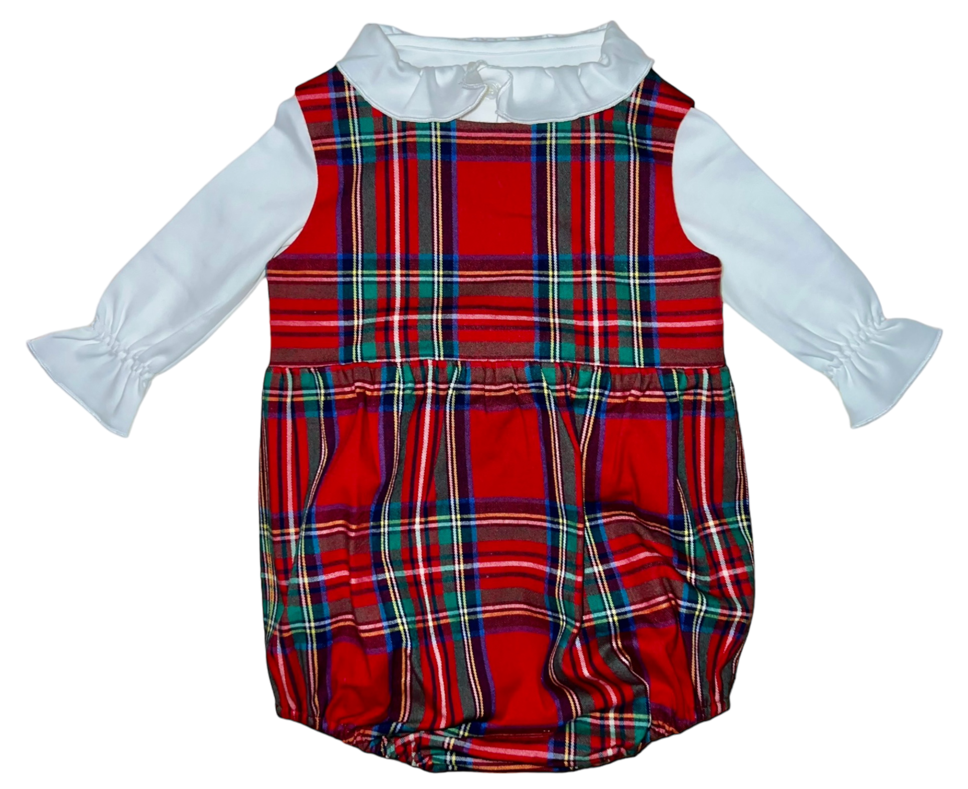 The Brown Bowen & Company Lolli Bow Back Bubble in Tybee Tartan showcases a festive silhouette with a red, green, and blue plaid pattern, complemented by white long sleeves and a white Peter Pan collar.