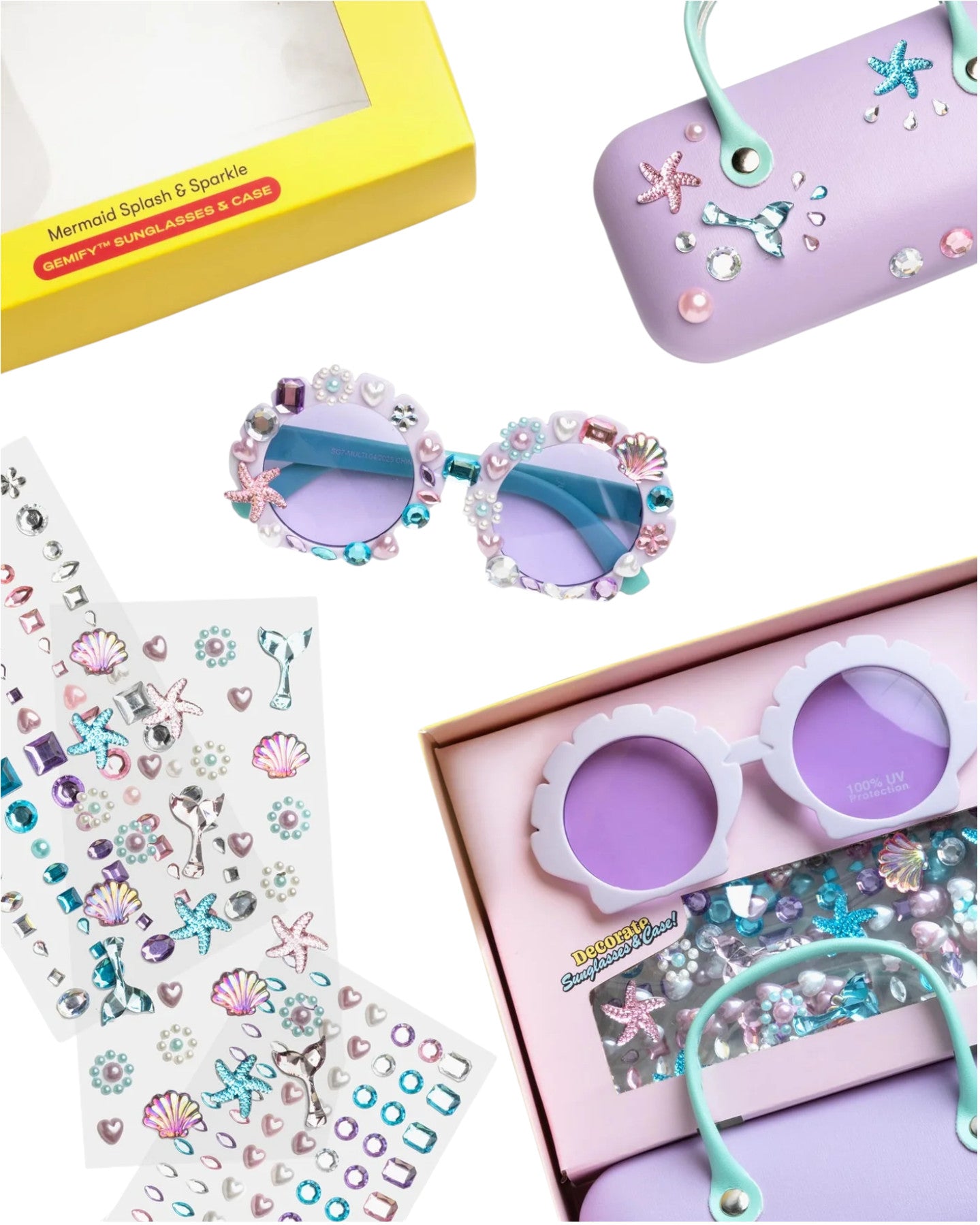 Super Smalls Mermaid Splash & Sparkle Gemify Sunglasses & Case for kids, featuring pastel decorations and DIY gem kit stickers, are arranged on a white background—perfect for creative crafting fun.