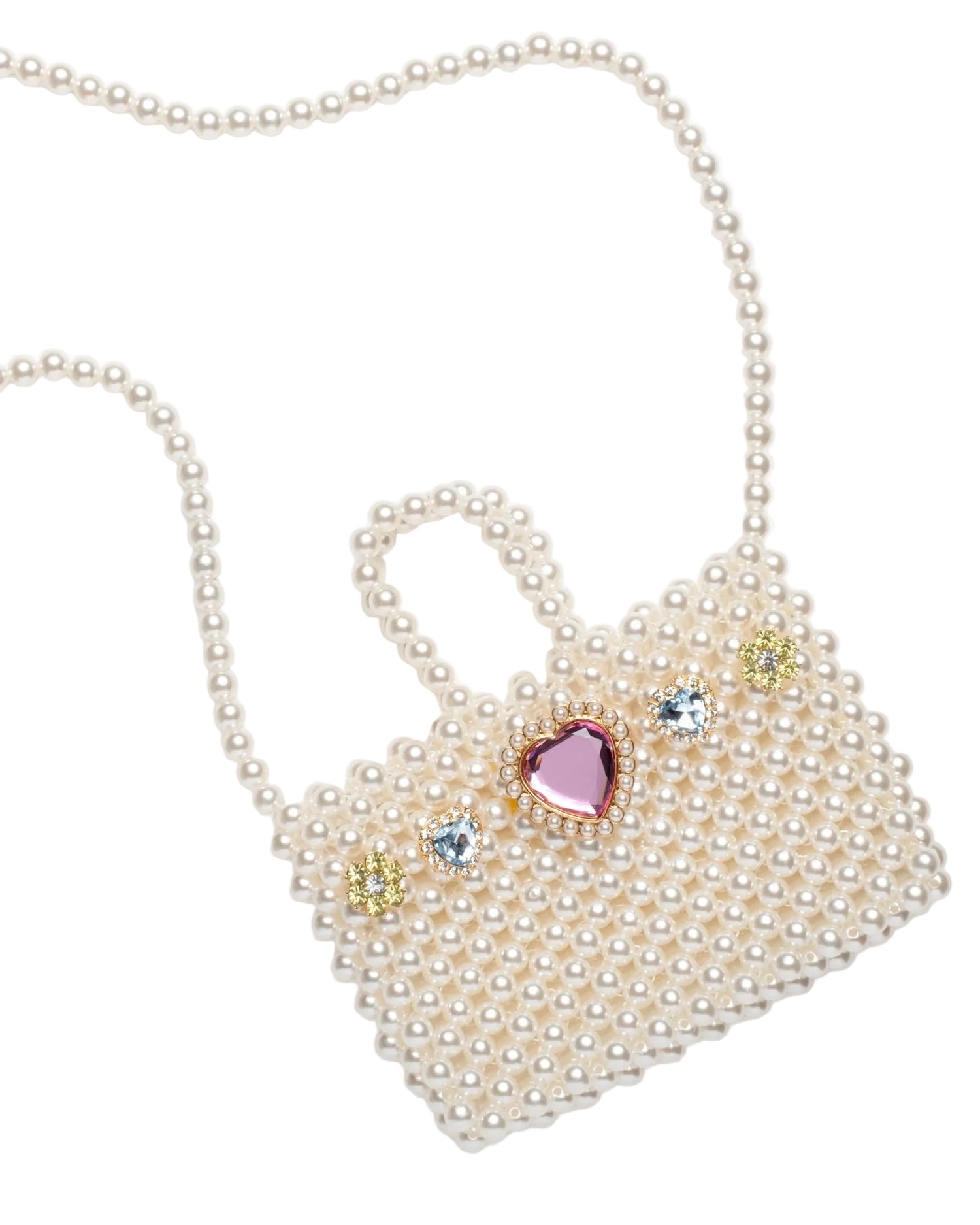 The Super Smalls Pearl of the Party Handbag features a pearl strap, pink heart gem, and three round gems for sparkle—perfect as a dress-up bag.
