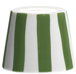 The Hive Boutiques ceramic lampshade, Test 2, features elegant vertical green and white stripes, adding a touch of sophistication to any room.