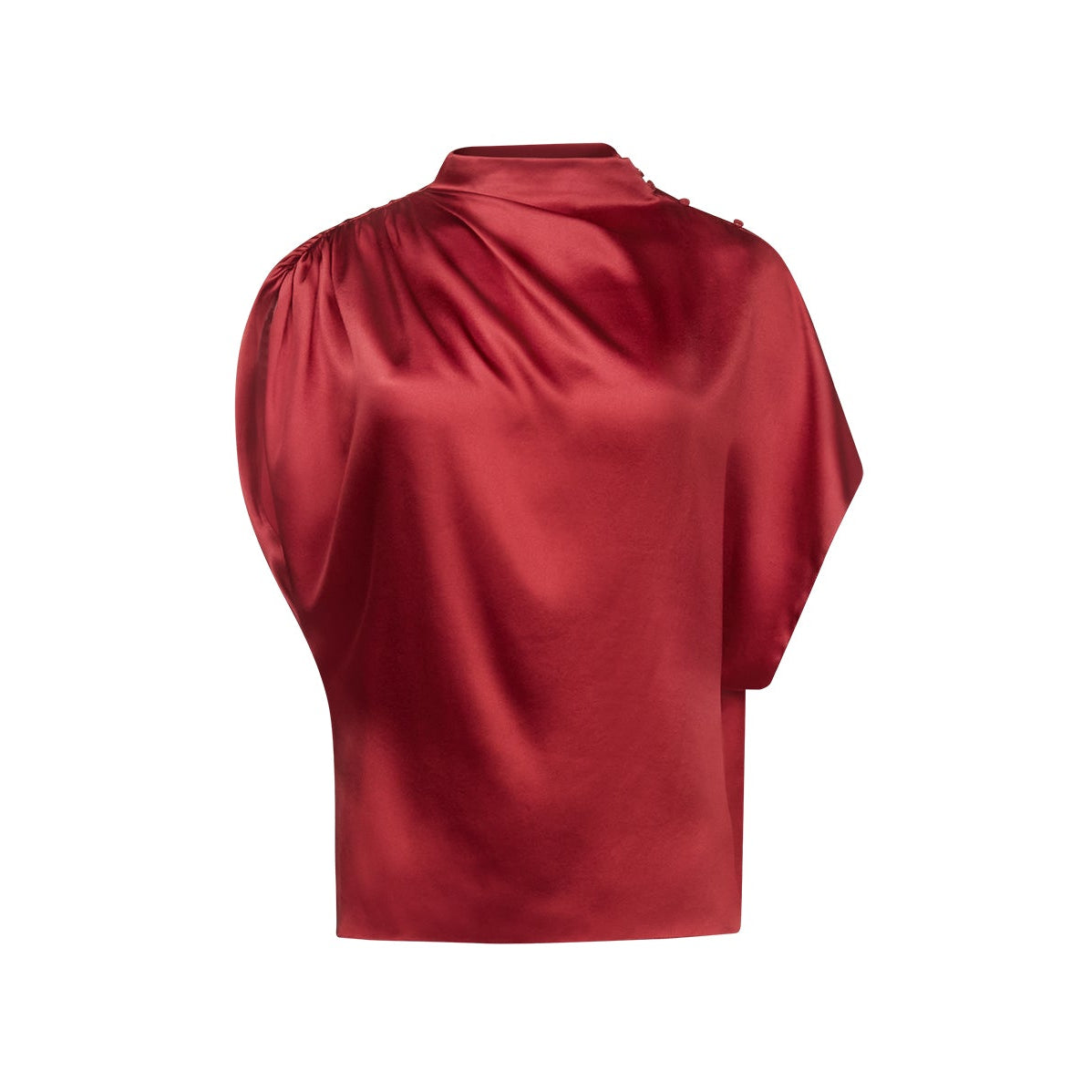 The TWP Wish You Would Top is a red satin blouse featuring a mock neck and asymmetrical draped sleeve, shown against a plain white background.