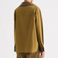 Rear view of the olive Kangaroo TWP A Case of You Shirt, featuring a long-sleeved cotton design with a contrasting brown collar and cuffs.