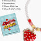 The Super Smalls Strawberry Surprise Lipgloss Locket kids necklace sits beside a “Lipgloss Lockets” card, with the strawberry lip gloss benefits shown in the top left to make beauty play even more fun.