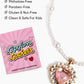 A heart-shaped faux-pearl necklace from Super Smalls, the "Sweetheart Surprise Lipgloss Locket," features a lip gloss container, shown beside its packaging and a list of safety/allergen-free highlights.