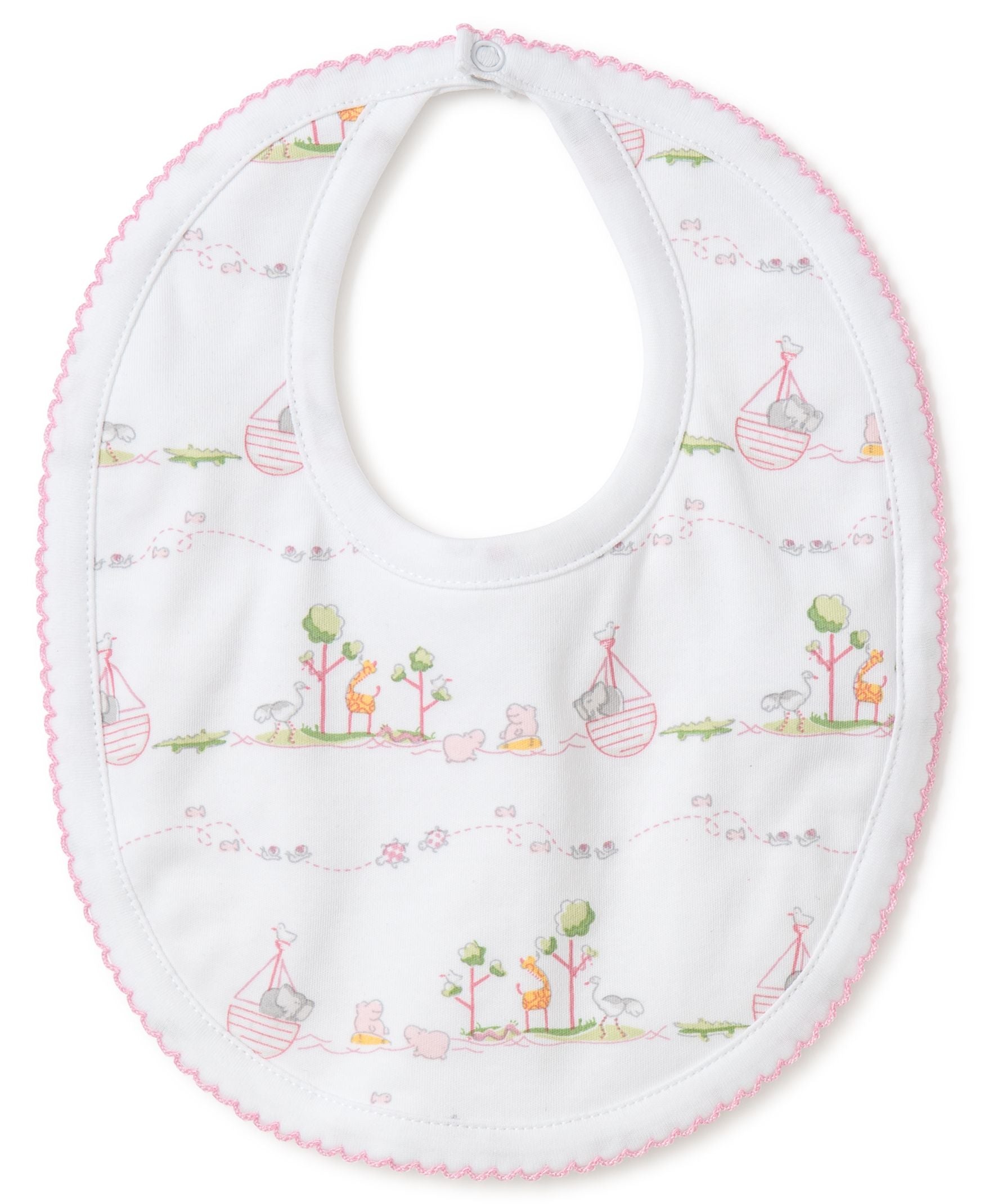 A Kissy Kissy Noah's Ark bib made of Pima Cotton with pink trim.