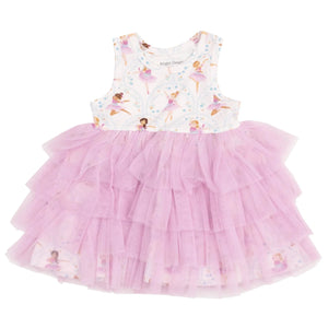 The Angel Dear Girls' Bows & Ballet Twirly Tank Tutu Dress features a white bodice with ballerina prints and a soft lavender tulle skirt, combining comfort and elegance for a dreamy look.