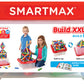 The SmartMax Build XXL by Smart Games is a clear plastic container with a 70-piece STEM magnetic building set for ages 1+, including colorful pieces and an instruction guide to build vibrant structures.