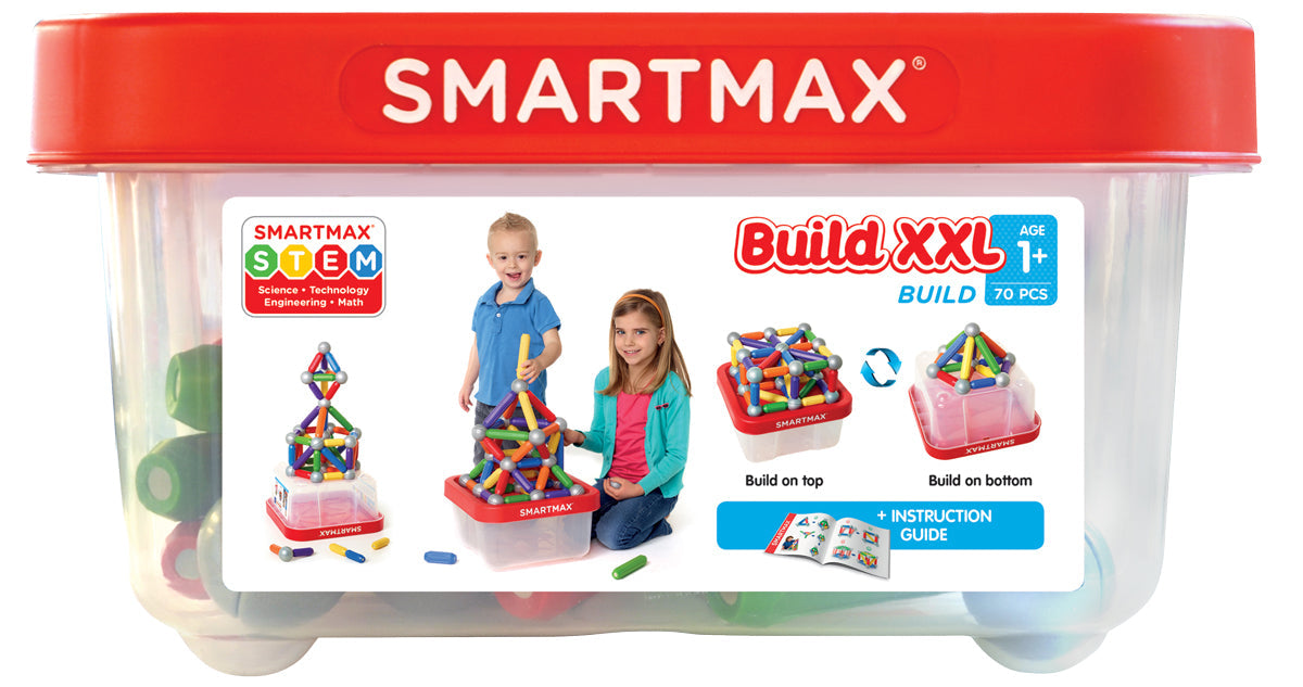 The SmartMax Build XXL by Smart Games is a clear plastic container with a 70-piece STEM magnetic building set for ages 1+, including colorful pieces and an instruction guide to build vibrant structures.