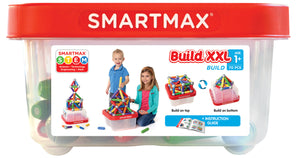 The SmartMax Build XXL by Smart Games is a clear plastic container with a 70-piece STEM magnetic building set for ages 1+, including colorful pieces and an instruction guide to build vibrant structures.