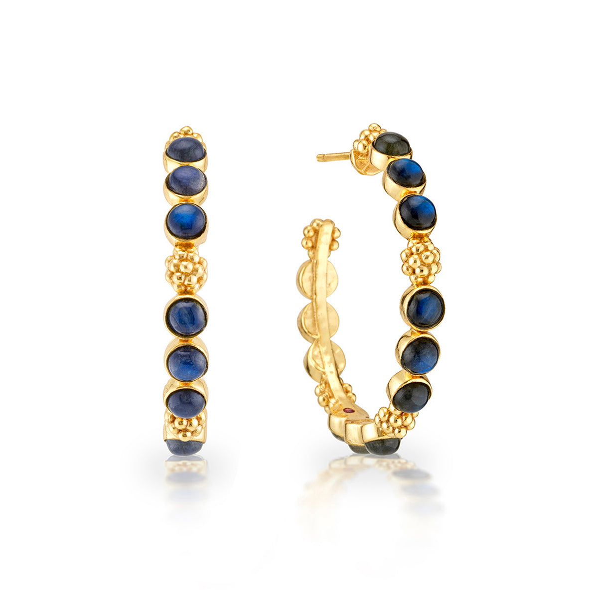 Berry Gem Medium Hoop Earrings by Juliska Capucine De Wulf—classic hoops adorned with evenly spaced round blue gemstones, displayed from front and angled side views on a white background; a timeless feminine jewelry piece.