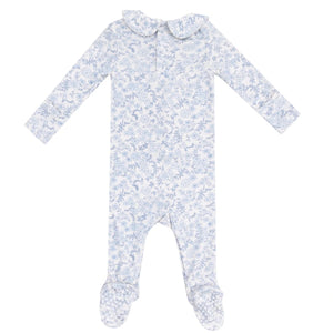 The Angel Dear Baby Girls' Ribbed Blue Calico Floral Smocked Peter Pan Footie features long sleeves, soft ribbed modal, a classic collar, and footed design with a blue floral pattern, shown laid flat on a white background.
