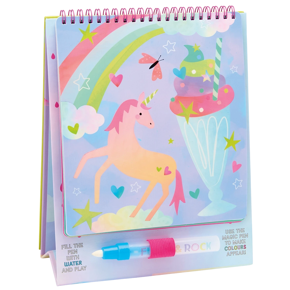 The Floss and Rock Fantasy Easel Watercard and Pen is a spiral-bound reusable coloring pad featuring whimsical unicorns and pastel dessert designs. Equipped with a water pen neatly stored at the bottom, it lets kids reveal hidden colors on each page—making this portable art set ideal for creative fun wherever they go.