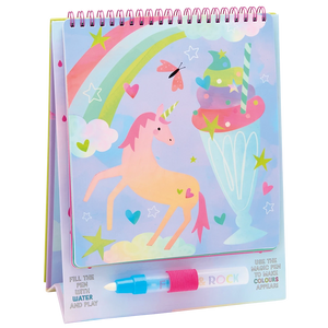 The Floss and Rock Fantasy Easel Watercard and Pen is a spiral-bound reusable coloring pad featuring whimsical unicorns and pastel dessert designs. Equipped with a water pen neatly stored at the bottom, it lets kids reveal hidden colors on each page—making this portable art set ideal for creative fun wherever they go.