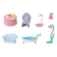 A charming set of small, pastel-colored plastic toy furniture and accessories—including a table, sofa, bathtub, vanity, shower, and lamp—perfect for decorating the Calico Critters Fairytale Tower by arranging each flower-themed piece on a white background.