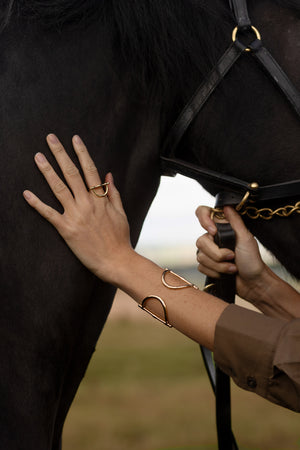 Wearing the Anabel Aram Cheval Bit Cuff, a person touches a black horse’s neck and holds its reins outdoors.