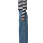 A person stands sideways wearing a navy and white striped sweater and Simkhai’s Booker Straight Jean—high-waisted, premium blue denim with braided detailing and classic 5-pocket construction.