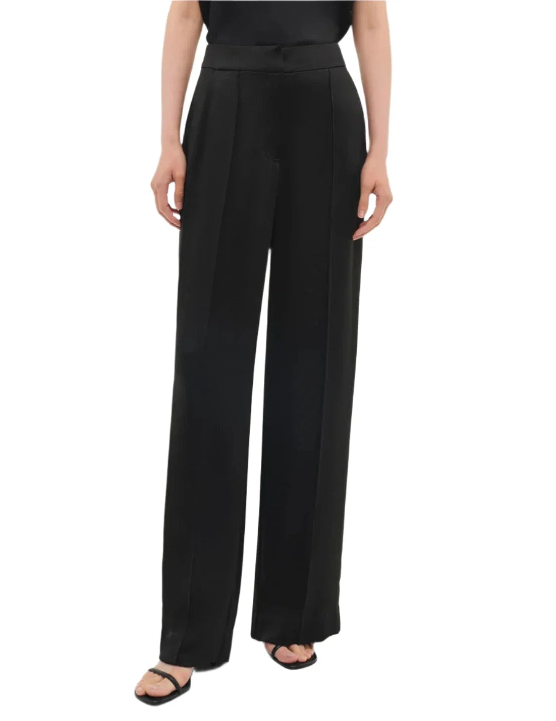 A person is wearing versatile wardrobe staples: the Simkhai Kyra Wide Leg Pants in black, featuring a tailored waistband and front pleats, elegantly paired with black sandals.