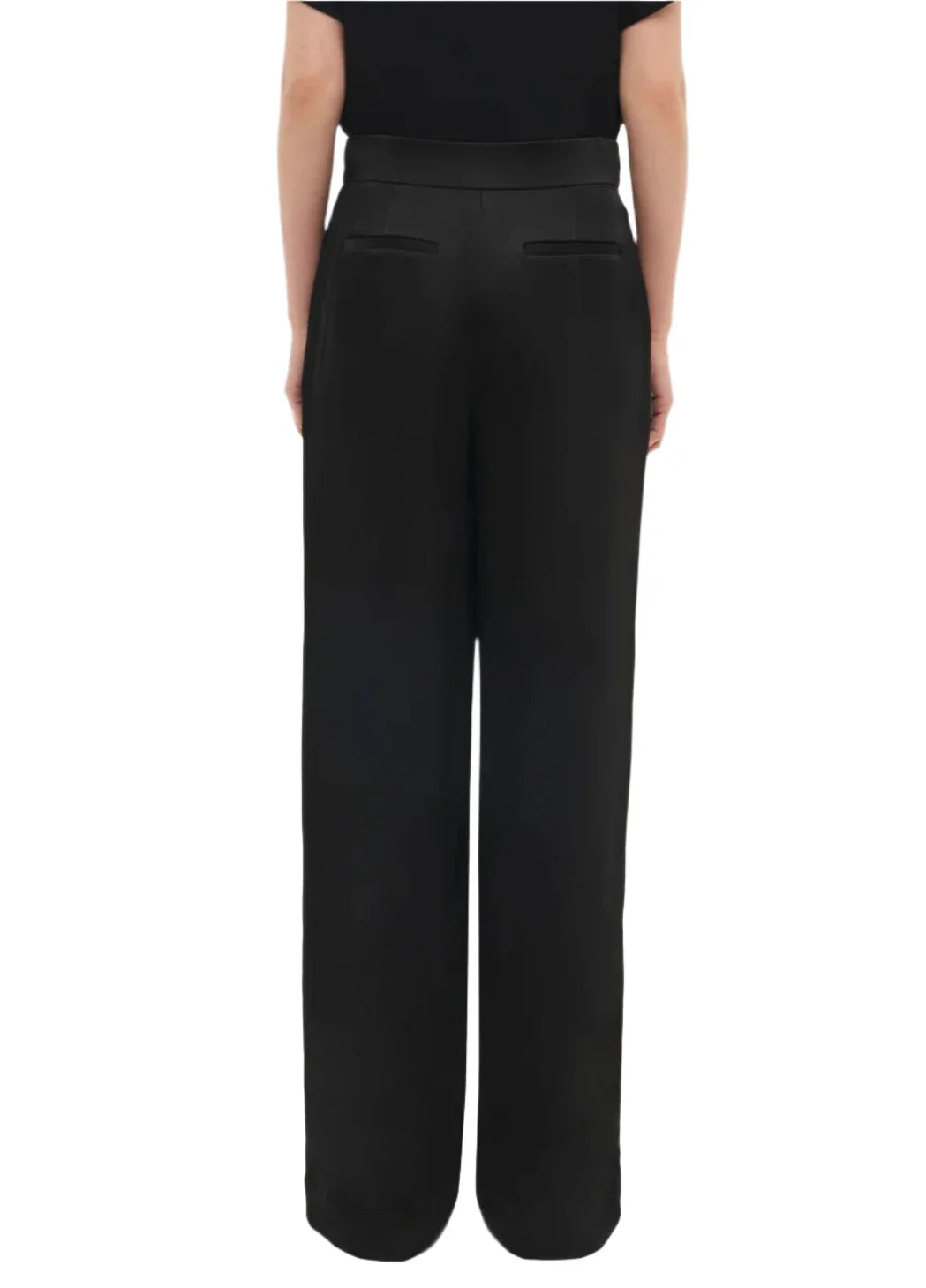 Back view of a person wearing the Simkhai Kyra Wide Leg Pant, featuring black high-waisted, wide-leg design with a tailored waistband and two back pockets, standing against a white background.