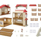 Calico Critters’ Country Home-Secret Attic Playroom kit features a plastic dollhouse with a red roof, cream walls, and assorted parts including floors, windows, balcony railings, stairs, and lamps—all displayed on a white background. Ideal for fans of the Red Roof Country Home series and the beloved Chocolate Rabbit family.