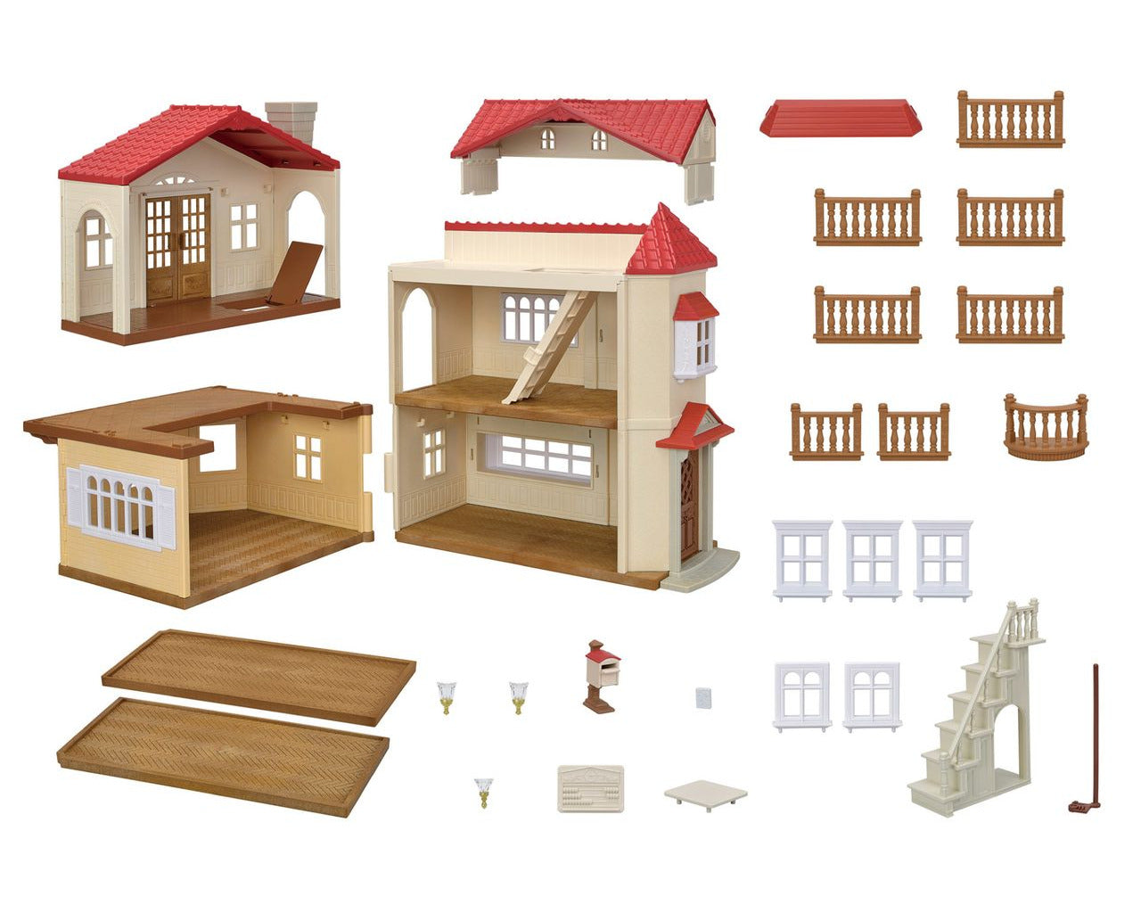 Calico Critters’ Country Home-Secret Attic Playroom kit features a plastic dollhouse with a red roof, cream walls, and assorted parts including floors, windows, balcony railings, stairs, and lamps—all displayed on a white background. Ideal for fans of the Red Roof Country Home series and the beloved Chocolate Rabbit family.